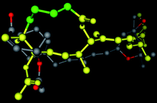 A 3D representation of an example of an overlay of the presumed key interaction groups in a low energy conformation of 3-deoxypladienolide (shown in yellow, some atoms are not shown) and compound 6, showing that the epoxy group and the carbonyloxy groups are the same distance in both molecules. In the pladienolide model the C2 through C5 carbons are highlighted in green. This alignment represents the best S value (S = 167.18) for molecules matching the hypothetical pharmacophore, and the second best overall of 69 alignments from 500 iterations. The alignment was prepared using the Molecular Operating System (MOE 2007.09, Chemical Computing Group, Inc.) using the Flexible Alignment function with both molecules, following a conformational minimization using MOE default settings.14