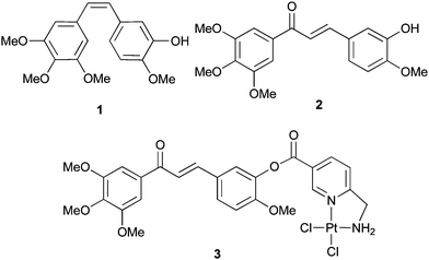 Combretastatin A-4 (1), a chalcone analogue 2, and its Pt(ii)-complex 3.
