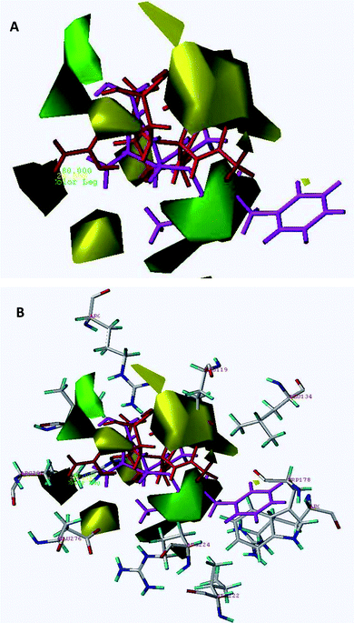 The steric contour map of CoMFA. (A) Compound 45 (shown in magenta color) occupies the green colored contour in the region whereas inactive compound 61 (shown in red color) occupies a section of the yellow colored contour in the region. (B) Superimposition of steric contours on A/H1N1 active site.