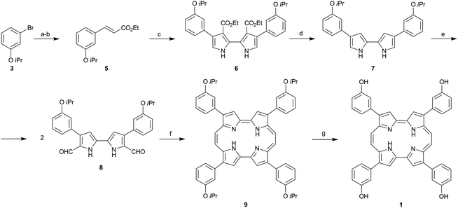 Reagents and conditions: (a) nBuLi, DMF, THF −78 °C (98%), (b) 4, nBuLi, triethyl phosphonoacetate, THF −78 °C (77%), (c) TosMiC, nBuLi, then Me3SnCl and 5, THF −78 °C then Cu(NO3)2·3H2O, THF (44%), (d) NaOH, ethylene glycol 180 °C (87%), (e) POCl3, DMF 0 °C to 60 °C then NaOAc 85 °C (89%), (f) TiCl4, Zn Cu2Cl2, THF reflux (20%) and (g) AlCl3, DCM (79%)