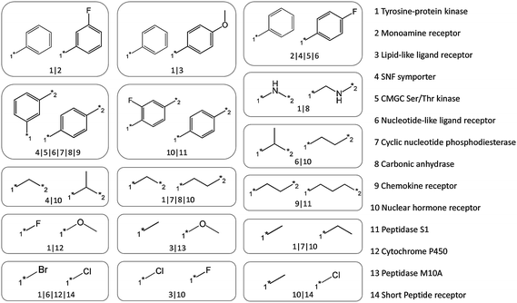 Bioisosteres directed at multiple target families. The 16 bioisosteric replacements that were identified for multiple target families are shown and annotated with their family assignments.