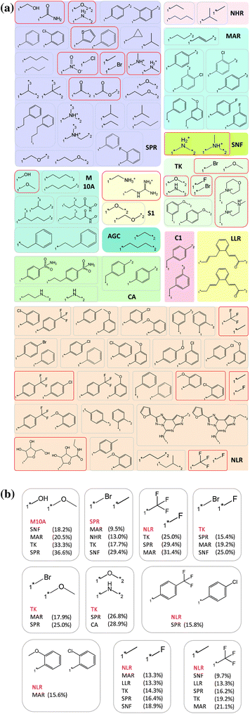 Target family directed bioisosteric replacements. (a) All 67 single target family directed bioisosteric replacements are shown and annotated with their family assignment. Bioisosteric replacements that involve exchanges of well-defined functional groups are marked in red. (b) Target family directed replacements are shown that would have qualified as bioisosteres for more than one target family if potency changes larger than one order of magnitude would have been accepted. The qualifying target family is abbreviated in red and other families that did not meet the potency criterion are shown and annotated with the relative frequency with which the transformation introduced potency changes larger than one order of magnitude. Abbreviations are used according to Table 2. SNF stands for the sodium neurotransmitter symporter family.