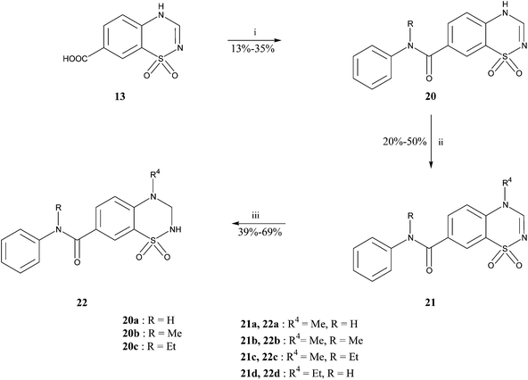Reagents and conditions : (i) appropriate aniline, BOP, NaHCO3, DMF; (ii) K2CO3, DMF, R4-I, Δ; (iii) NaBH4, 2-propanol, Δ.