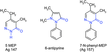 The pyridazone ring of compound 5 shows some similitude with the analgesicdrugantipyrine6. This analogy is even more pronounced with N-phenyl analogue 7. However, N-phenyl-MEP7 is quasi insoluble in water.