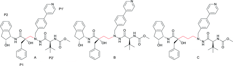Examples from previously reported series of tertiary alcohol containing HIV-1 protease inhibitors: A with a one carbon backbone spacer (Ki = 5.5 nM),14B with a two carbon backbone spacer (Ki = 2.3 nM)16 and C with a three carbon backbone spacer (Ki = 2.8 nM).17 Spacers indicated in red.