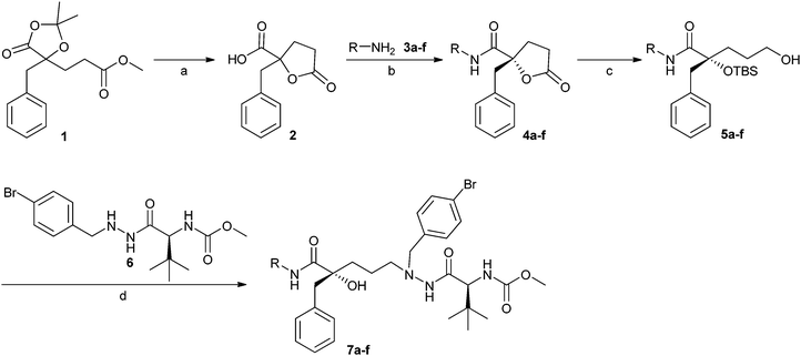 Synthesis of inhibitors 7a–f encompassing different P2 substituents. Reagents and conditions: (a) TFA, H2O, 80 °C, 95%; (b) amino acid derivates 3a–f (for R-groups see Table 1), EDC, HOBt, DCM, room temp., 25–46% ((R)-4a–f), 47% ((S)-4a), diastereomers separated by flash chromatography; (c) (1) LiBH4, Et2O, room temp; (2) trimethylacetyl chloride, pyridine, room temp.; (3) TBSOTf, Et3N, DCM, 0 °C to room temp.; (4) LiBH4, Et2O, room temp., 25–62%; (d) (1) Dess–Martin periodinane, DCM, room temp.; (2) 6, Na(OAc)3BH, AcOH, THF, room temp.; (3) TBAF, THF, room temp., 3–81%.