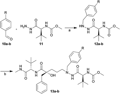 Synthesis of inhibitors 13a and 13b. Reagents and conditions: (a) TsOH, acetic acid, NaCNBH3, THF, room temp. Isolated yields: 12a, 64% and 12b, 60%; (b) (1) Dess–Martin periodinane, DCM, room temp; (2) 12a or 12b, Na(OAc)3BH, AcOH, THF, room temp; (3) TBAF, THF, room temp. Isolated yields: 13a 67% and 13b 75%.