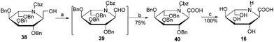 Reagents and conditions: a) TEMPO, BAIB, CH2Cl2, 40 °C; b) NaH2PO4, 30% H2O2, NaClO2, CH3CN; c) Pd/C, THF : H2O : HOAc = 4 : 2 : 1. TEMPO = 2,2,6,6-tetramethyl-1-piperidinyloxy free radical, BAIB = (diacetoxyiodo)benzene