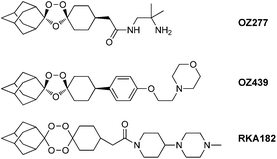 Structures of synthetic peroxides OZ277, OZ439 and RKA182.