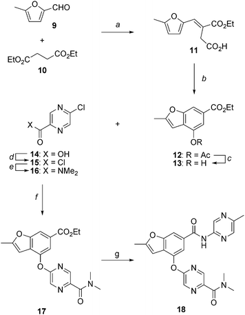 Synthesis of 2-methylbenzofuran 18 as a glucokinase activator. Reagents and conditions: (a) NaOEt, EtOH, reflux, 13 h, 68%; (b) NaOAc, Ac2O, reflux, 2.5 h, 100%; (c) K2CO3, EtOH, 60 °C, 6 h, 90%; (d) (COCl)2, cat. DMF, CH2Cl2, 23 °C, 18 h, 100%; (e) Me2NH·HCl, Et3N, CH2Cl2, 23 °C, 4 h, 85%; (f) Cs2CO3, DMF, 90 °C, 3 h, 95%; (g) 2-amino-5-methylpyrazine, Me2AlCl, DME, reflux, 18 h, 72%.
