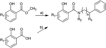 General synthetic route for the preparation of the N-substituted salicylamides 1–30. Reagents and conditions: a) salicylic acid methyl ester, primary amine, 110 °C, 20 h without solvent; b) salicylic acid, primary or secondary amine, N,N′-dicyclohexylcarbodiimide, toluene, 80 °C, 4 h.