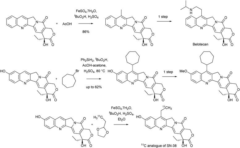 Representative applications of Minisci chemistry to Topoisomerase I inhibitors22–26