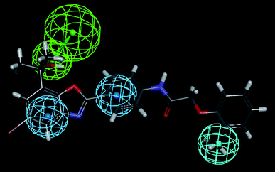 Most active compound (Cpd. 32) mapped on the pharmacophore hypothesis 1 obtained by the FAST method of conformer generation.
