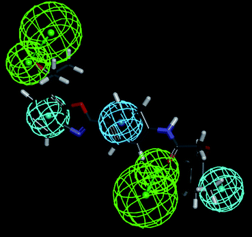 Most active compound (Cpd. 32) mapped on the pharmacophore hypothesis 1 obtained by the BEST method of conformer generation.