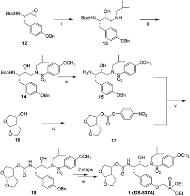 Synthesis of Compound 1 (GS-8374). Reagents and conditions: (i) isobutylamine, 2-propanol (iPrOH), reflux. (ii) 4-methoxybenzenesulfonyl chloride, diisopropylethylamine, CH2Cl2, 0 °C. (iii) TFA. (iv) bis-(4-nitrophenyl)carbonate, Et3N, CH2Cl2, rt. (v) N,N-dimethylaminopyridine, CH3CN. (vi) a. H2 (1atm), 10% Pd/C, EtOH, EtOAc. b. (diethoxyphosphoryl)methyl trifluoromethanesulfonate, Cs2CO3, THF.