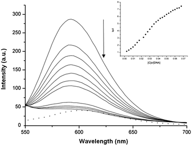 Fluorescence quenching pattern of ethidium bromide bound to DNA by the Pt complex. [DNA] = 10 μM, [Ptcyp] = 0–0.75 μM. {Inset: quenching plot of Io/I vs. [Ptcyp]/[DNA]}.