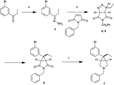 Reagents and conditions: (a) Hydrazine hydrate, MeOH, reflux, 95%; (b) MnO2, dioxane, 1-benzyl-1H-pyrrole-2,5-dione, 35–40% overall from 3; (c) BF3-Et2O, NaBH4, THF, piperazine, H2O, reflux, 95%.