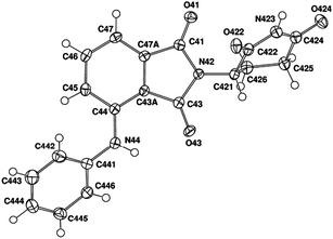 Structure of thalidomide derivative 10. The ellipsoids of the non-hydrogen atoms are drawn at the 50% probability level.