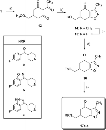 
          Reagents and conditions: (a) Ac2O, Et3N, DMAP, CHCl3, r.t., 24 h, 69%; (b) NH2OH·HCl, KOH, MeOH, C6H6, r.t., 48 h, 71%; (c) BBr3, 15-crown-5, CH2Cl2, −30 °C, 4 h, 56%; (d) p-TsCl, pyridine, 0 °C, 12 h, 61%; and (e) HNRR, CH3CN, reflux.