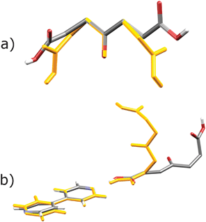 (a) Comparison of opa conformations in Form I (coloured) and Form II (orange). Molecules were overlapped by finding the best overlap of the two keto groups. (b) Twisting of the conformation of the supramolecular building block in hydrogen-bonded chains in Form I (coloured) and Form II (orange).