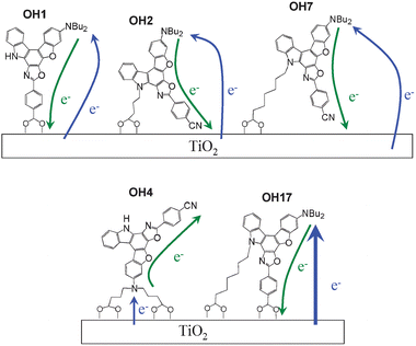 Plausible configurations of OH1, OH2, OH4, OH7, and OH17 on TiO2 surface. The green and blue arrows show electron injection from the dye molecule into TiO2 and charge recombination of injected electrons to TiO2 with dye molecule, respectively.