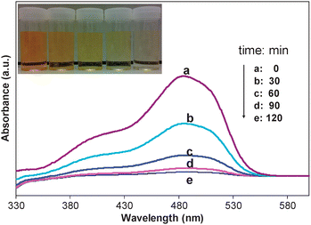 
          Absorption spectra of AO7 (2.0 × 10−5 M, 30 mL) solutions in the presence of CTF-M (20 mg) under various UV light irradiation time. The inset photos show the colour reduction with increase of UV light irradiation time correspondingly.