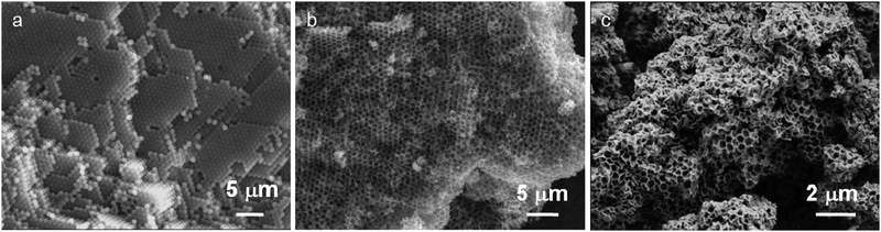 
            SEM micrographs of (a) PS starting crystal, (b) 3DOM MO obtained after calcination of (a) and (c) regenerated 3 DOM Mg2Al–VBS by rehydration of (b) in VBS solution.