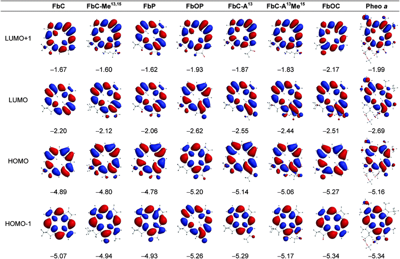 Electron-density distributions and energies (eV) of the frontier MOs of the free base compounds.