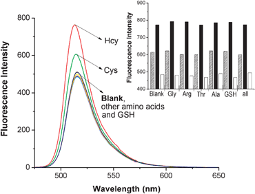 Emission spectra (λex = 498 nm) of compound 1 (2.0 × 10−6 M) with or without various amino acids and GSH (100 equiv.) in CH3CN/H2O (v/v, 3 ∶ 2) at pH 7.4 buffered with 0.1 M HEPES at ambient temperature. (Inset: fluorescence responses of 1 to Hcy/Cys in the presence of various amino acids, GSH or all of them at 513 nm. White bars represent the integrated emission of 1 in the presence of 100 equiv. of other amino acids/GSH/all of them of interest; black and shadow bars represent the changes in integrated emission that occur upon subsequent addition of 100 equiv. of Hcy and Cys to solutions containing 1 and other amino acids/GSH/all of them of interest, respectively.)