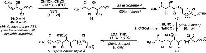 Vanderwal's enantioselective synthesis of malhamensilipin A, featuring a selective elimination to install the E-chlorovinyl sulfate.