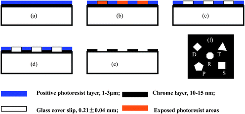 The UV lithography process to fabricate the multi-hierarchy micro arrays on the glass cover slip. (a) The 2-layer structure of the substrate for printing the micro arrays by UV lithography includes a 1–3 μm positive photoresist (Shipley Microposit) layer and a 15–20 nm chromium layer on the glass cover slip. It was fabricated by first depositing a layer of chromium on a clean glass cover slip followed by spin coating of the positive photoresist on top of the chromium layer. (b) The 2-layer structure of the substrate was covered with an optical mask on top of the photoresist layer and exposed to UV light for 10–60 s to form the micro-patterns in the photoresist layer. (c–d) The exposed areas of the photoresist layer were developed by photoresist developer (MF-321, Shipley Microposit) to leave the bare chromium areas, which were then etched away by Cr etchant (Cyantek) to form the desired micro arrays on glass. (e–f) The undeveloped photoresist was removed using acetone, leaving the desired micro arrays formed in the Cr layer, with each unit having 5 distinct transparent windows. The nanoparticles were fabricated by nanosphere lithography. This process can also be done by electron beam lithography for feature resolution in the tens of nm.