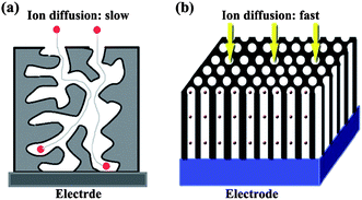 Illustration of diffusion of electrolyte ions in AC (a) and OMC (b).