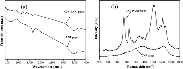 (a) FTIR and (b) Raman spectra of the CNF paper and the CNF–PANI composite paper.
