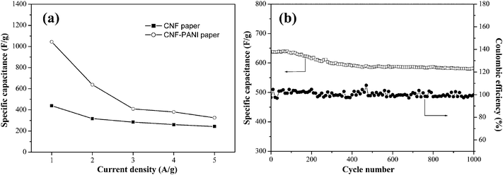 (a) Specific capacitance of the CNF paper and the CNF–PANI composite paper as a function of discharge current. (b) Charge/discharge cycle at a current density of 2 A g−1 (left axis: specific capacitance, right axis: coulombic efficiency).