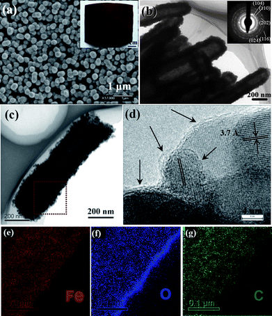 (a) Low-magnification and (b–c) TEM images and SAED pattern of several α-Fe2O3 nanotubes. Inset is a typical optical image of the array on a large-area alloy substrate. (d) HRTEM image of the C/α-Fe2O3 nanotube. Arrows indicate the carbon layers. (e–g) EELS elemental mapping results. Reprinted with permission from ref. 102. Copyright 2010 American Chemical Society.