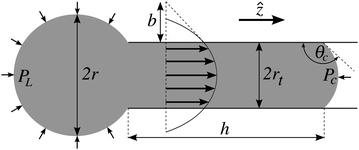 Geometrical representation of the capillary tube and the penetrating droplet in cylindrical coordinates (r̂,,ẑ). There are four parameter (r, rt, h and θc) describing the geometry, but only three of them are independent if the fluid is incompressible. The velocity field of the encapsulated fluid is assumed to have a parabolic profile with slip length b. PL and PC represent the Laplace pressure and the pressure difference across the meniscus respectively (reproduced from ref. 21).