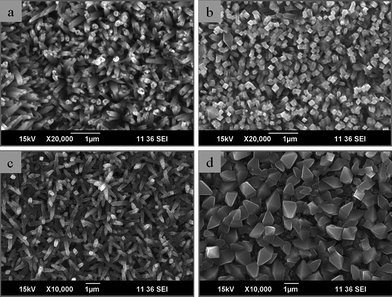 SEM images of the structures formed on Ti metal at 250 °C, 5 h by varying the hexamine to NaOH molar ratio. Transition from nanoneedles to nanorods. Reproduced with permission from ref. 57. Copyright 2010, IOP.