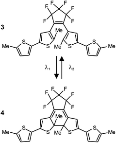 Irradiation at 325 (λ1) and 633 nm (λ2) closes and opens respectively the central ring of these photochromic systems and switches it reversibly between two states (1 and 2).