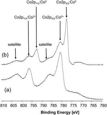 
            XPS spectra of CoAl2O4 sample (a) before and (b) after sputtering with Ar ions.