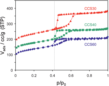 
            Nitrogen sorption isotherms (77 K) for different SBA-15 materials with mesopores that are coated with carbon (experimental data provided by An-Hui Lu, the isotherms of CCS40 and CCS30 have been shifted by 60 and 90 cc g−1).
