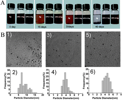 Optical photograph (A) and TEM micrograph and corresponding size distribution (B) of the Ag NPs and HPCs-assisted dispersed Ag NPs in toluene: 1) TEM micrograph and 2) size distribution of Ag NPs; 3) TEM micrograph and 4) size distribution of HPC-1/Ag NPs; 5) TEM micrograph and 6) size distribution of HPC-2/Ag NPs.