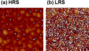 LC-AFM images of a NiO film in the (a) OFF state and (b) ON state. The reading voltage was 0.1 V. The white spots correspond to conducting areas. The ON state corresponds to 100 switching cycles. (Reprinted with permission from ref. 15.)