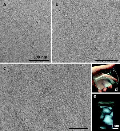 
          TEM images (a–c) of a dried dispersion of TEMPO-oxidized hardwood cellulose with carboxylate and aldehyde contents of 0.8 and 0.0 mmol g−1, respectively, observed by diffraction-contrast method in the bright-field mode using a low-dose exposure. The insets show a typical dispersion (d) and (e) that observed between cross polarizes.29Reproduction of image a from ref. 29 with permission from American Chemical Society (© American Chemical Society 2009).