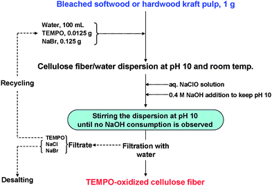 Representative process to prepare TEMPO-oxidized wood celluloses by the TEMPO/NaBr/NaClO system in water at pH 10.
