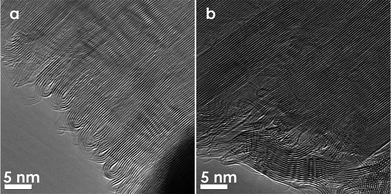 
            TEM images of folded edges that are formed across graphene layers by resistive Joule heating (a) near the electrode, and (b) further away from the electrode. (Images are reprinted with permission from Ref. 57. Copyright 2009, American Vacuum Society).