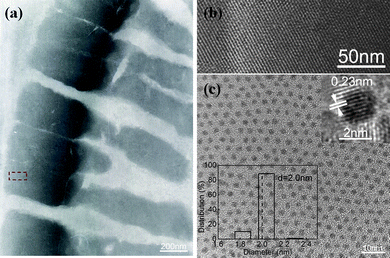 (a,b) TEM and HRTEM images of Cu–Pt 3D superlattice, (c) TEM image of a monolayer Cu–Pt BNMNs. The insets in (c) show HRTEM image of a typical Cu–Pt nanocrystal (top), and size distribution histograms (bottom). The molar ratio of Cu to Pt is 1 to 0.3.
