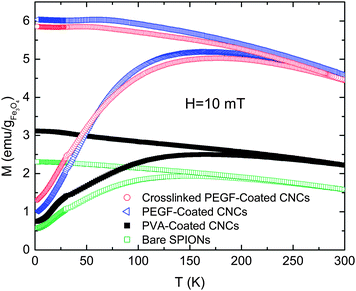 ZFC and FC magnetization measurements of dry powder of CNCs. The data are reported per gram of magnetite.