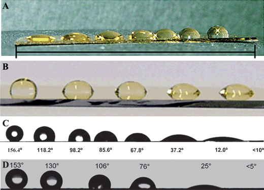 (A) Water droplets along a hydrophobic gradient using full-immersion method.136 (B) Photograph (side view) of water droplets along a hydrophilic gradient prepared by the combination of electron irradiation and exchange reaction.139 (C) Photograph of the water contact angles along the gradient surface.141 (D) Image of the gradient wettability along the surface via ion exchange.142