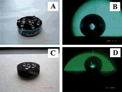 (A) Optical image of water droplets with different sizes on the surface of Al block treated with perfluorononane. (B) Profile of one water droplet on the surface having a contact angle of 168 ± 2°. (C) Optical image of water droplets with different sizes on the surface of super-hydrophobic aluminium alloy modified with PDMSVT. (D) Profile of the water droplet with a contact angle of 161 ± 2°.52