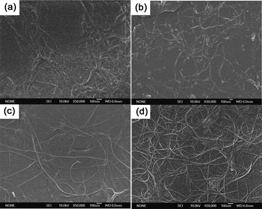 
          SEM images of SWCNT/GO hybrid films before and after treatment: (a) before treatment; (b) after treatment with NaBH4 for 2 h; (c) after subsequent treatment with NaOH for 1 h; (d) after subsequent treatment with HNO3 for 10 min.